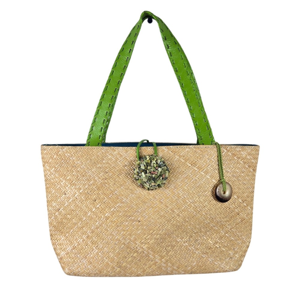 The Sak Woven Rattan Tote Bag w Stone Accent & Green Leather Double Top Handles